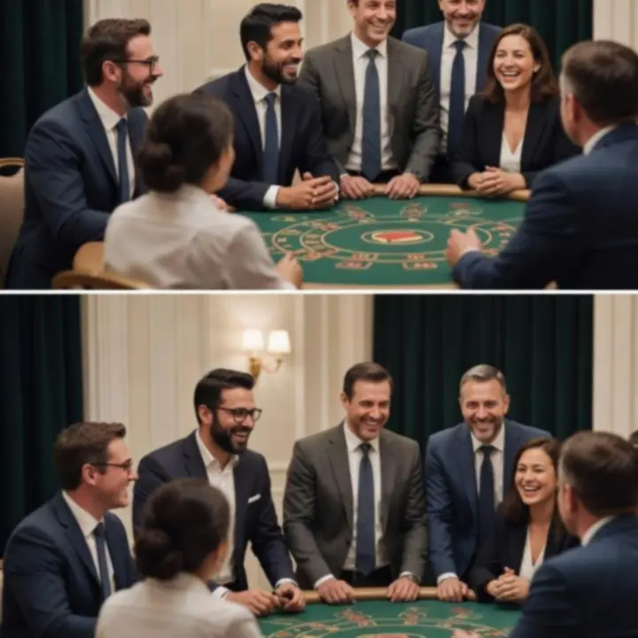 Zespół firmowy bawiący się przy stołach do gry podczas eleganckiego eventu korporacyjnego.