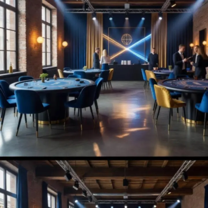 Nowoczesny loft eventowy z oświetleniem i stołami do gier