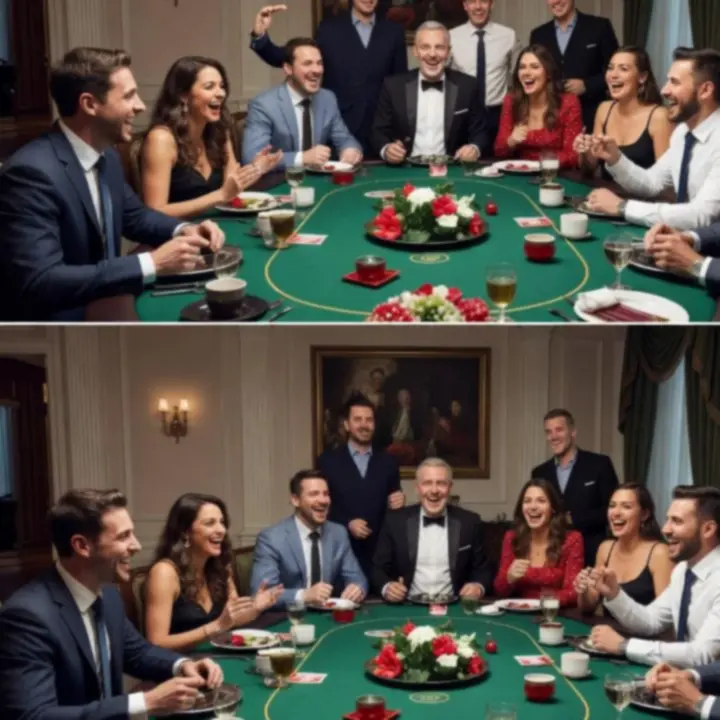 Goście bawiący się przy stołach do gier podczas eleganckiego wieczoru casino.
